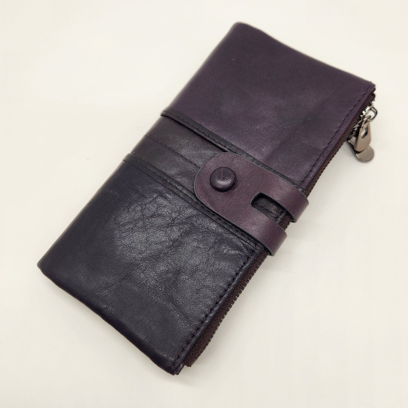 Bifold wallet M women's dark purple eggplant zip cardholder glove leather new