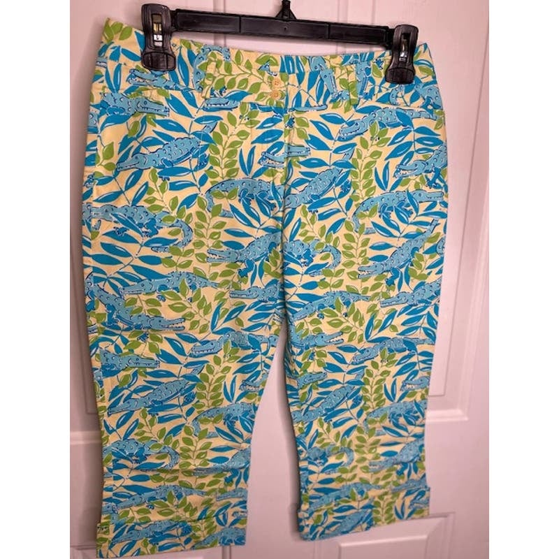 Lilly Pulitzer Womens Capri Pants Green Blue Alligator Print Cropped Size 0